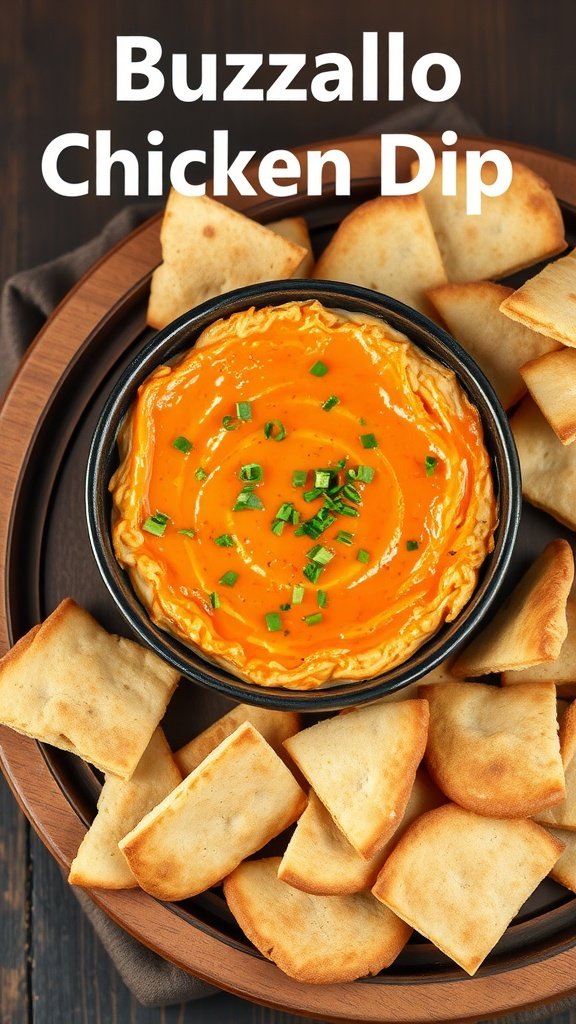 A bowl of baked buffalo chicken dip surrounded by crispy pita chips