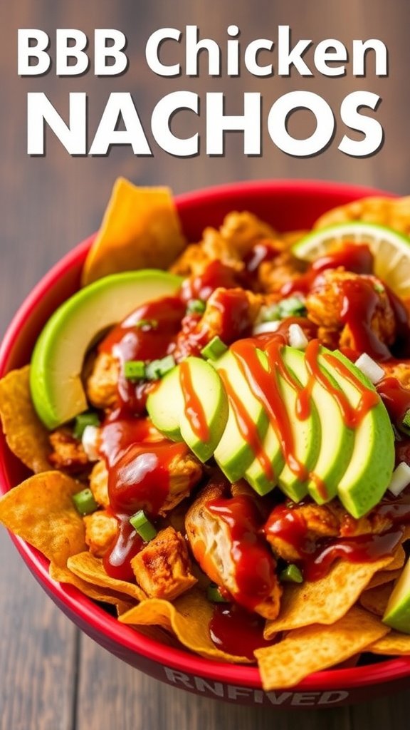 BBQ Chicken Nachos with Avocado served in a bowl