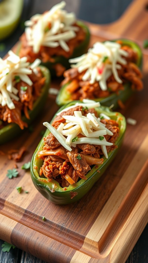 BBQ Pulled Pork Stuffed Jalapenos on a wooden serving board.