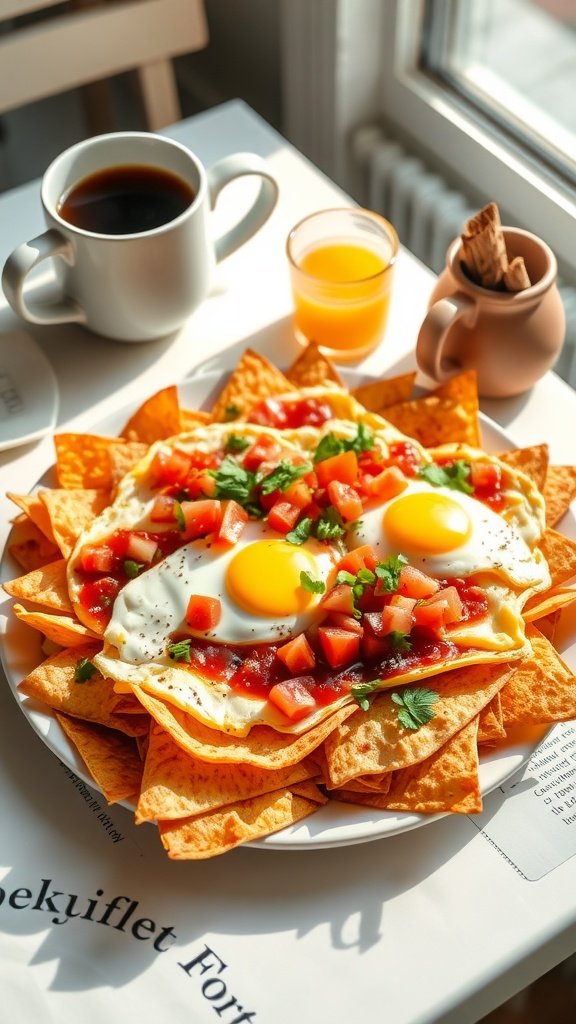 A plate of breakfast nachos topped with eggs and salsa, garnished with cilantro.