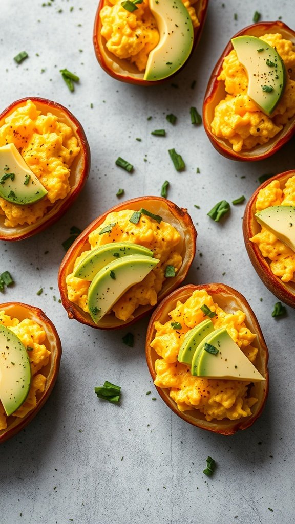 Delicious breakfast potato skins topped with scrambled eggs, avocado, and cheese.