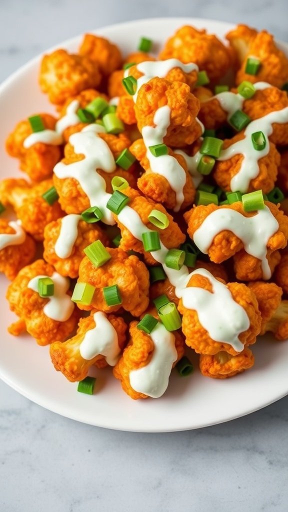 Buffalo Cauliflower Nachos plated with ranch dressing and green onions