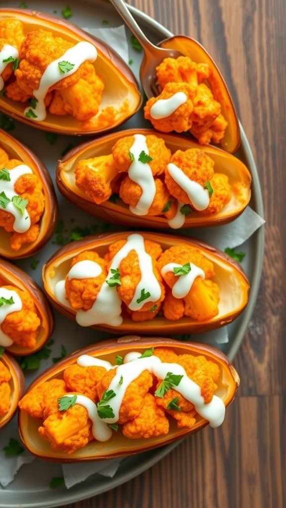 Buffalo cauliflower potato skins topped with ranch dressing and parsley