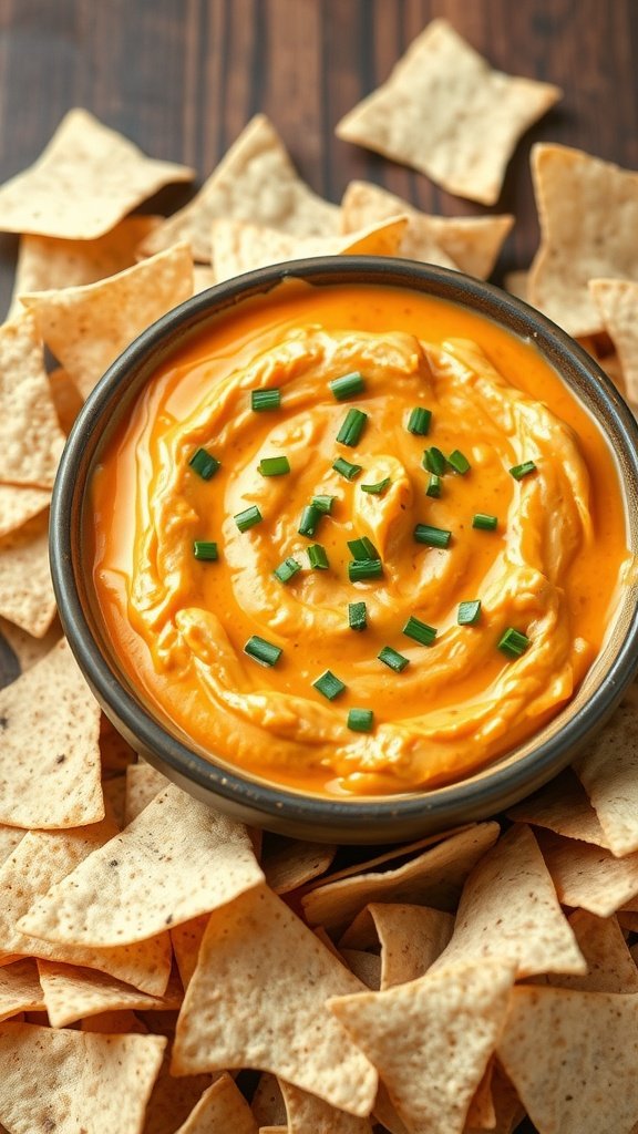 A bowl of Buffalo chicken dip garnished with green onions, surrounded by tortilla chips.