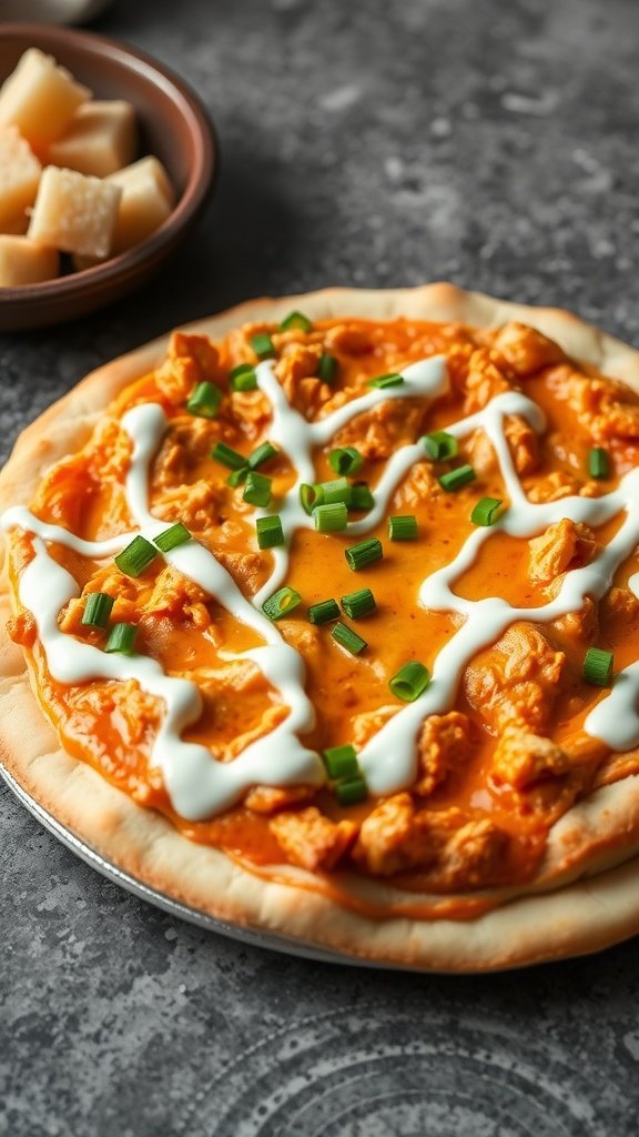 A delicious buffalo chicken dip pizza topped with ranch dressing and green onions.