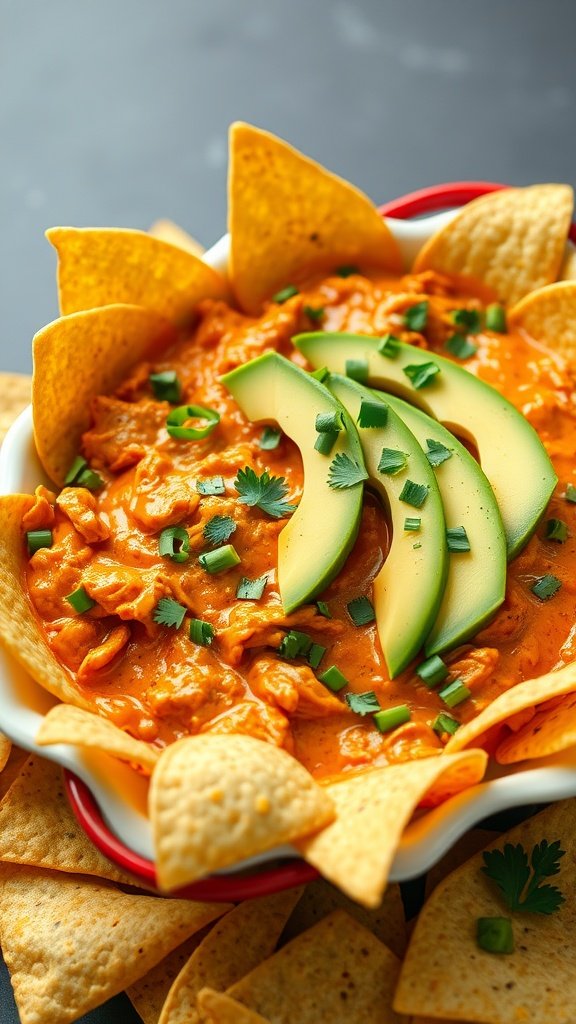 Buffalo Chicken Dip with avocado slices and tortilla chips