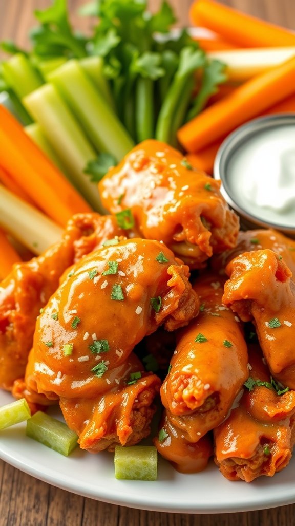 Buffalo Ranch Chicken Wings served with celery and carrot sticks.