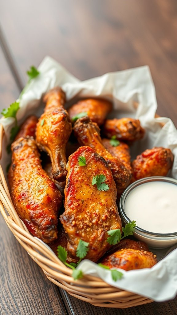 A basket of Cajun spiced chicken wings with ranch dipping sauce