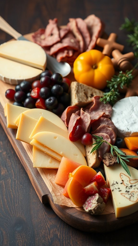 A beautifully arranged cheese and charcuterie board with various cheeses, meats, and fruits.