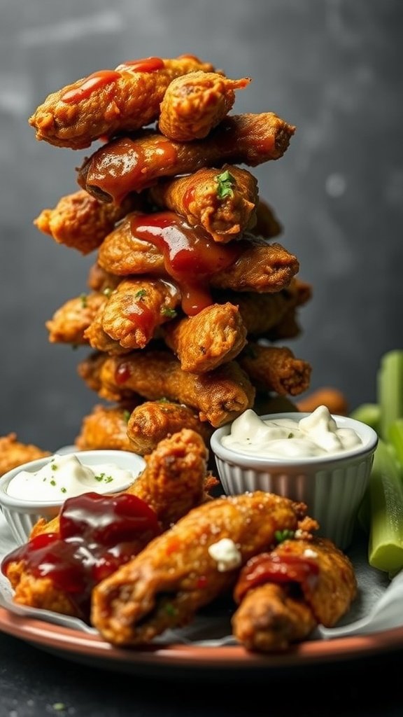 A stack of delicious chicken wings drizzled with sauce, served with dipping sauces and celery sticks.