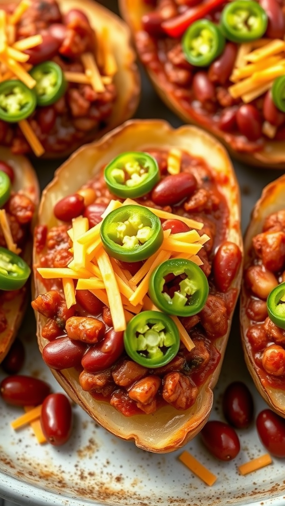 Chili cheese potato skins topped with cheese, chili, and jalapeños.