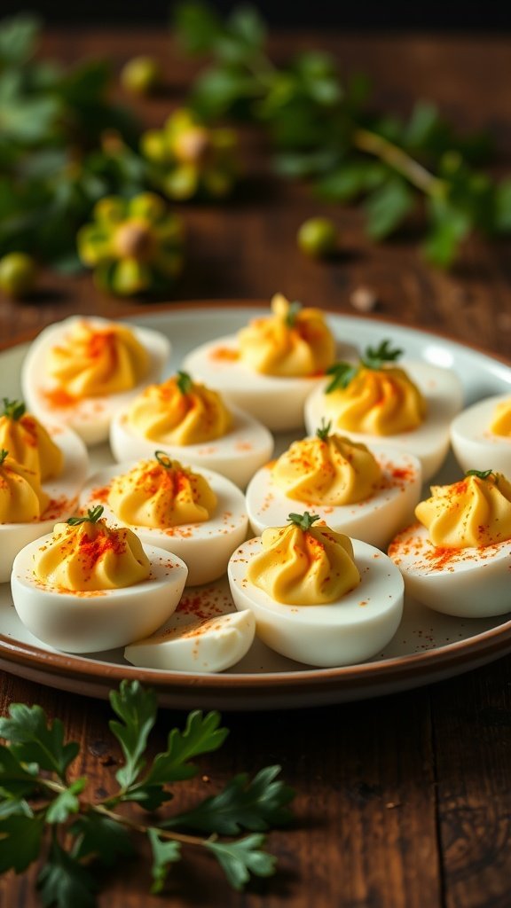 A plate of deviled eggs garnished with parsley and paprika.