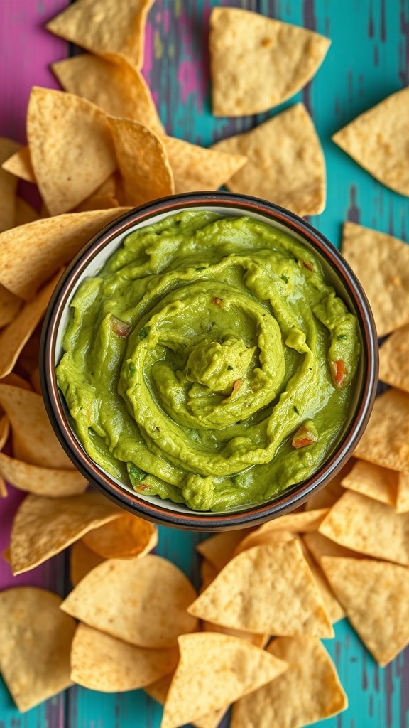 A bowl of guacamole surrounded by tortilla chips on a colorful table.