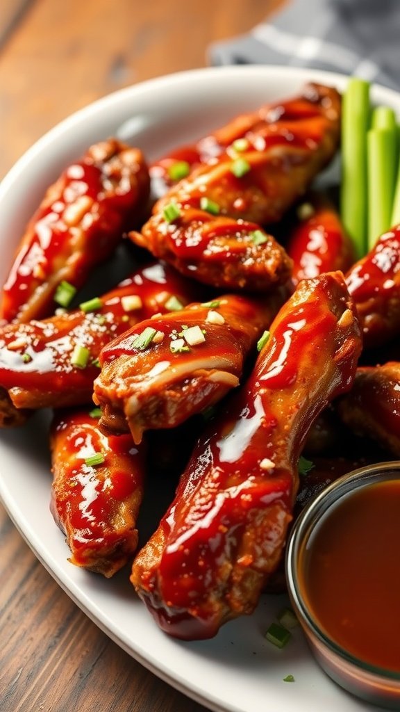 A plate of honey BBQ chicken wings garnished with green onions