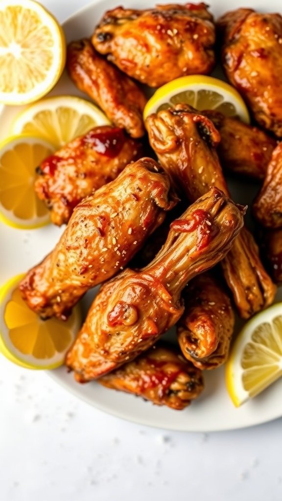 Delicious lemon pepper chicken wings served with lemon wedges