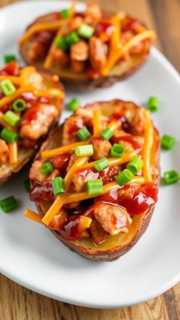 Delicious loaded BBQ chicken potato skins topped with cheese and green onions.