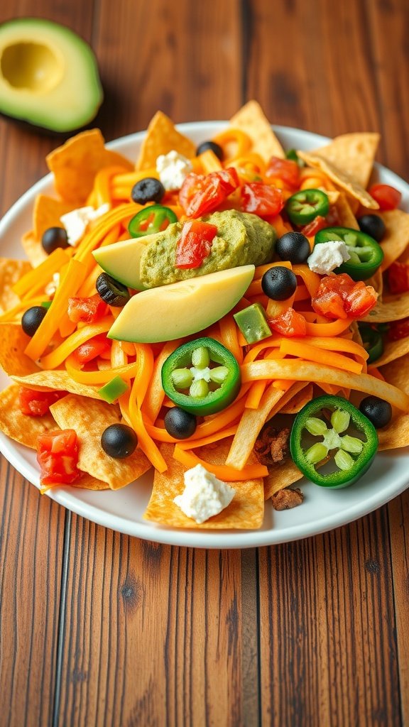 A plate of loaded nachos topped with cheese, guacamole, jalapeños, tomatoes, black olives, and green onions.