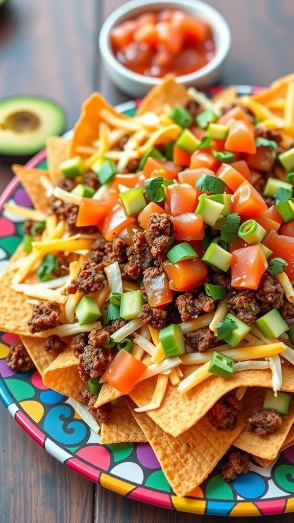 Plate of Loaded Taco Nachos with beef, cheese, tomatoes, and green onions