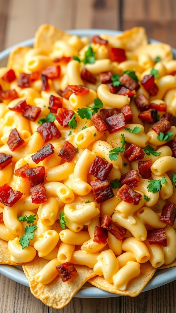 A plate of loaded Mac and Cheese Nachos topped with bacon and cilantro