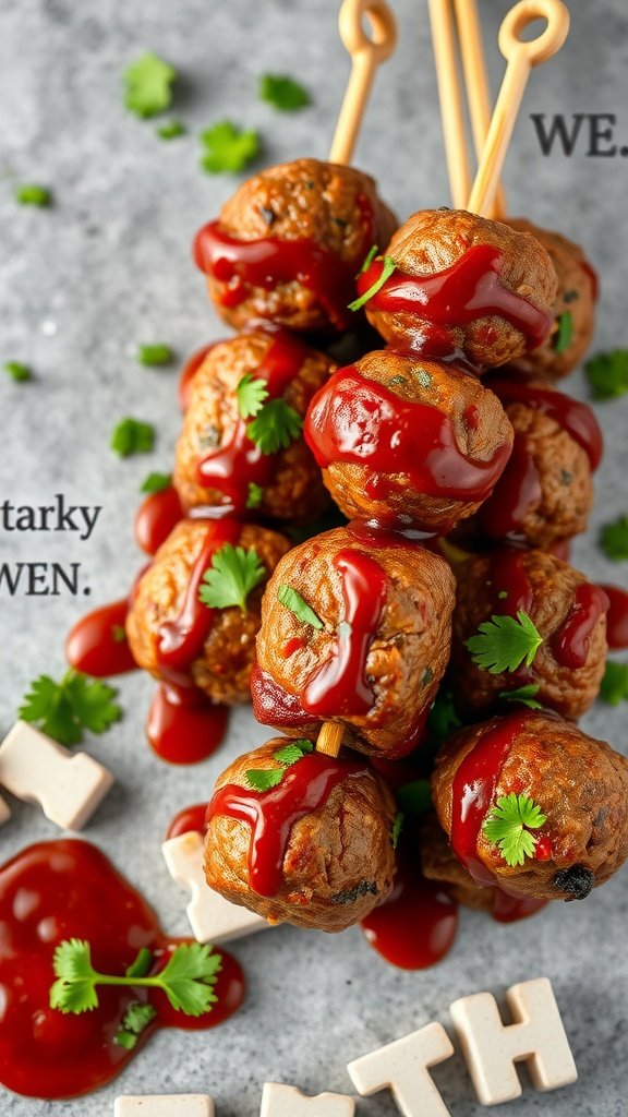 Delicious meatball skewers drizzled with sauce and garnished with herbs.