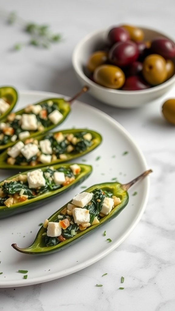 Mediterranean stuffed jalapeños with feta and spinach filling on a plate