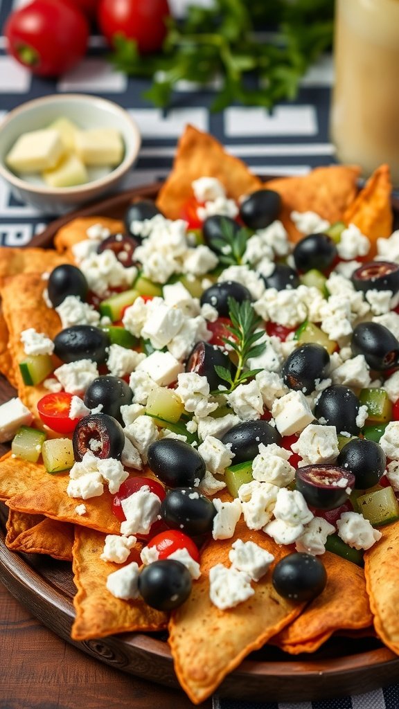 Plate of Mediterranean nachos with feta cheese, olives, and fresh vegetables on crispy pita chips.