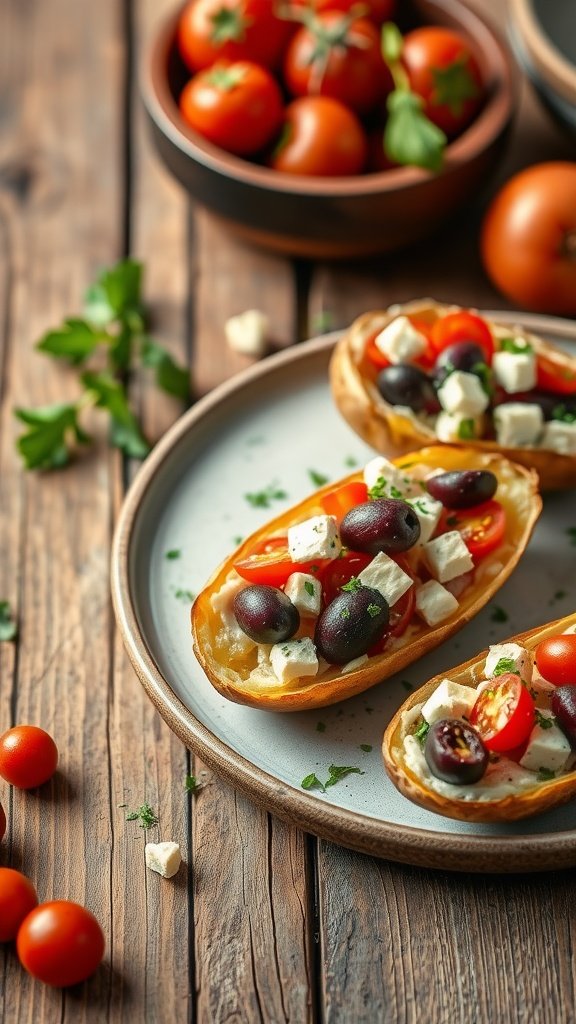 Mediterranean stuffed potato skins topped with cherry tomatoes and feta cheese