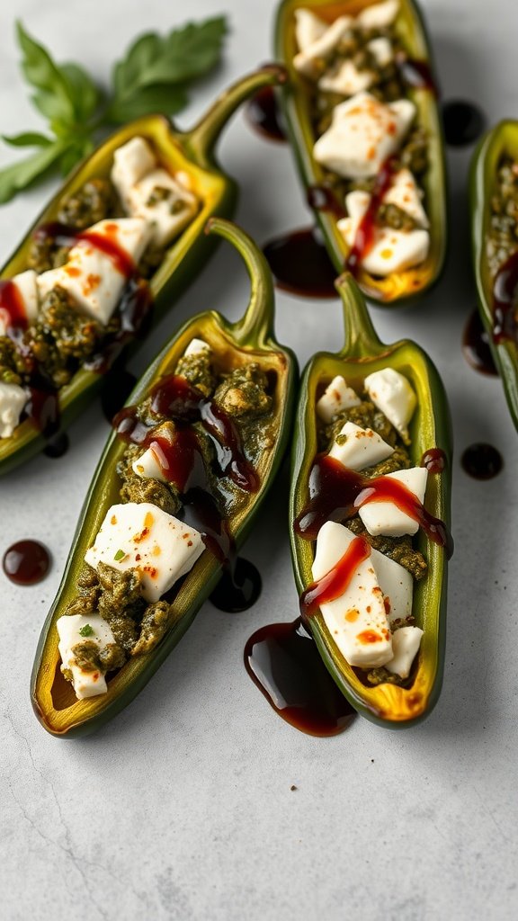 Pesto and goat cheese stuffed jalapeños on a white surface.