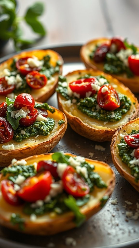 Pesto and sundried tomato potato skins, garnished with cheese and basil.