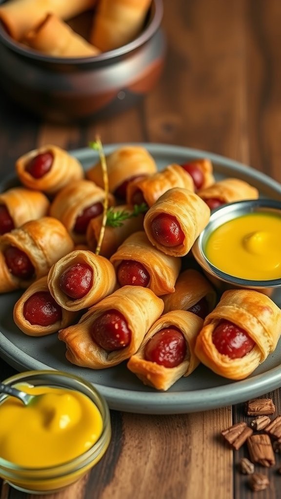 A plate of pigs in a blanket with mustard on the side.