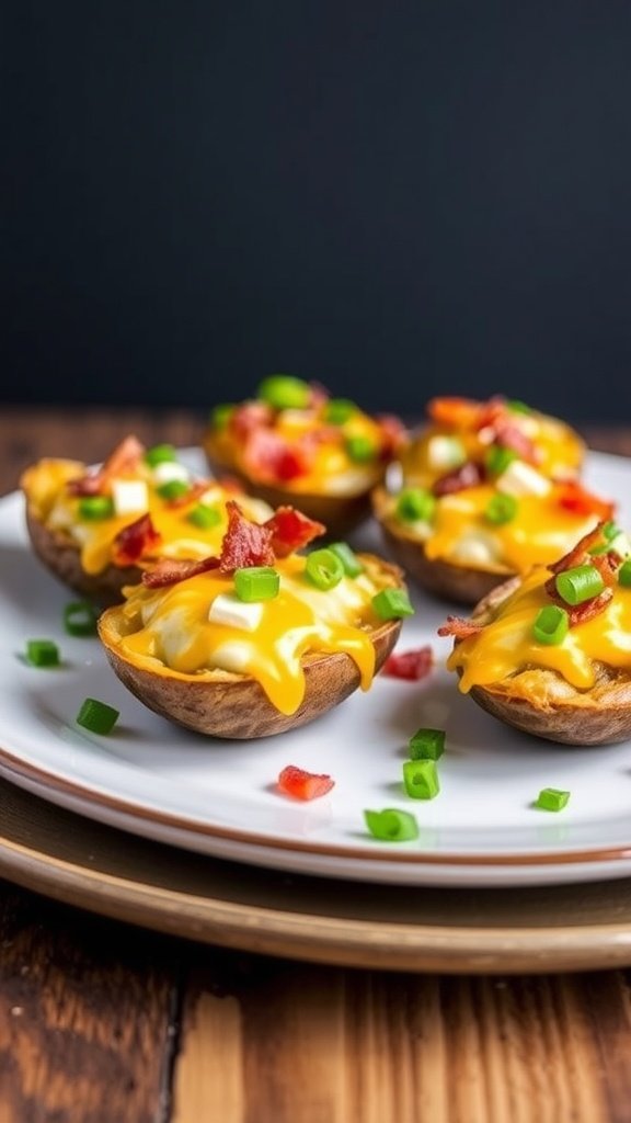 A plate of potato skins topped with cheese, bacon, and green onions.