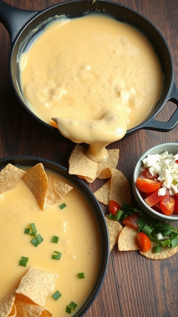 A bowl of queso fundido with cheese, tortilla chips, and fresh toppings.