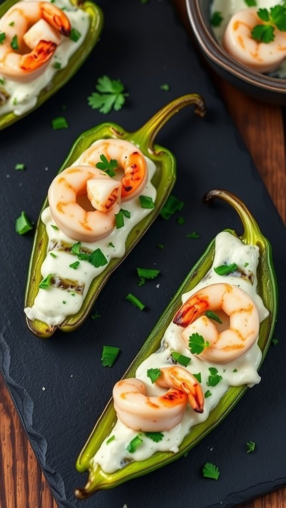 Shrimp and garlic cream cheese stuffed jalapenos on a black slate plate