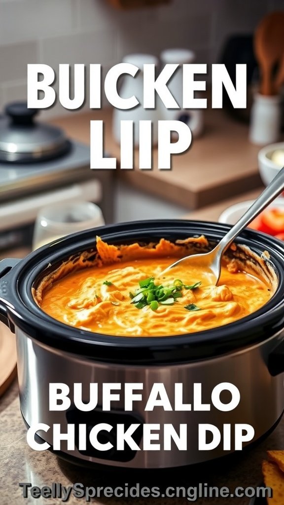 A bowl of creamy buffalo chicken dip in a slow cooker, garnished with green onions.