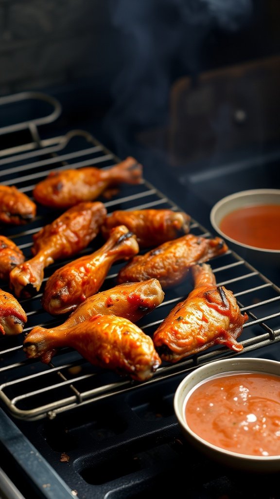 A close-up of smoky chipotle chicken wings on a grill with a dipping sauce.