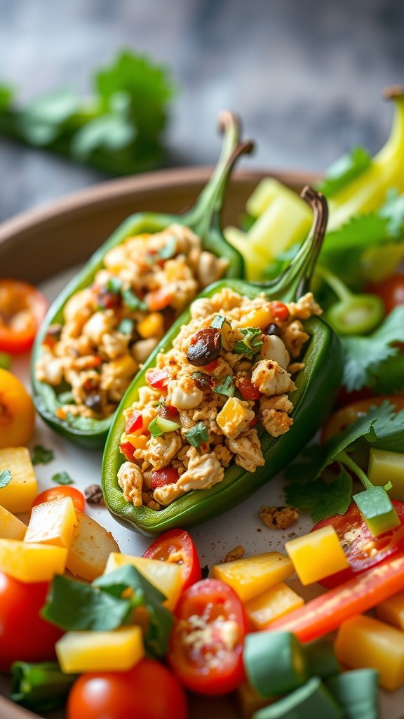 Delicious stuffed jalapenos with chicken, cheese, and vegetables.