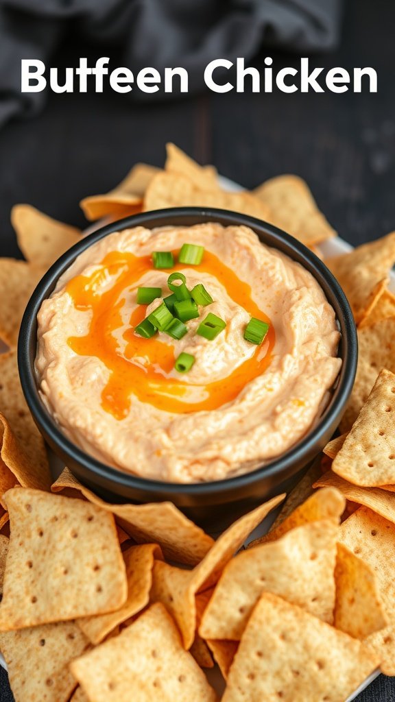 A bowl of spicy buffalo chicken dip garnished with green onions and surrounded by tortilla chips.