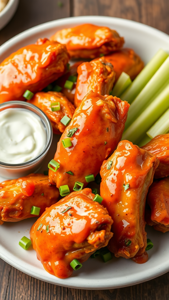 A plate of spicy buffalo chicken wings served with celery and ranch dressing.