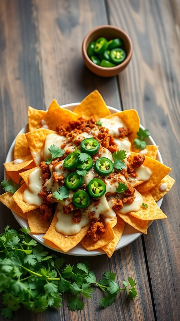 A plate of spicy chorizo and cheese nachos topped with jalapeños and cilantro.