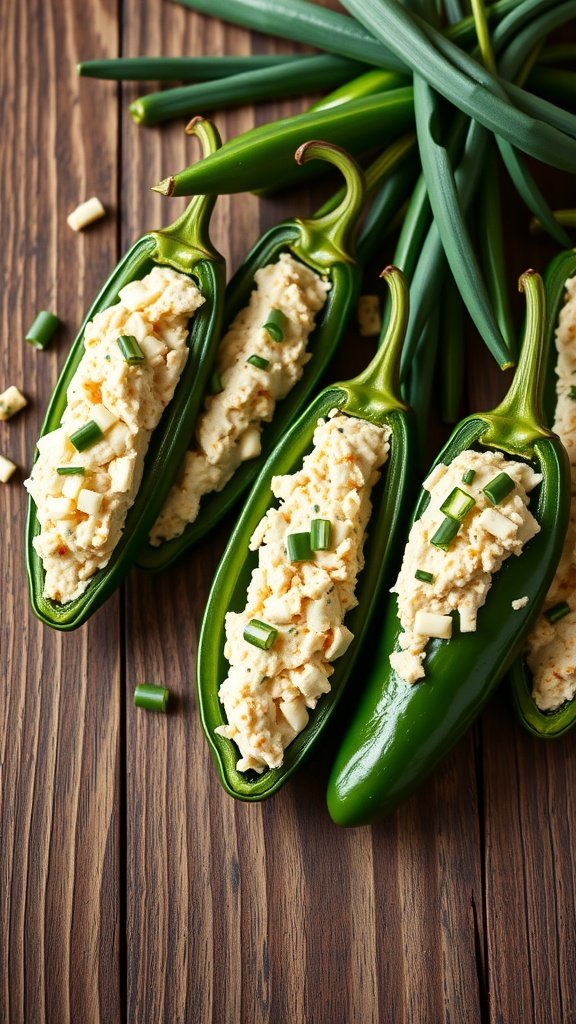 Stuffed jalapeños with cream cheese and chives on a wooden surface.