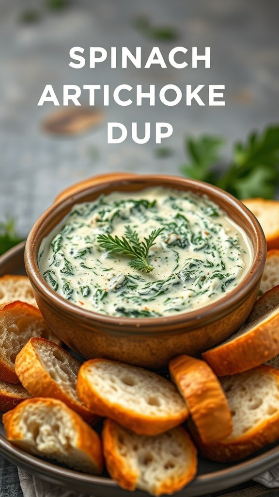 A bowl of spinach artichoke dip surrounded by toasted bread slices.