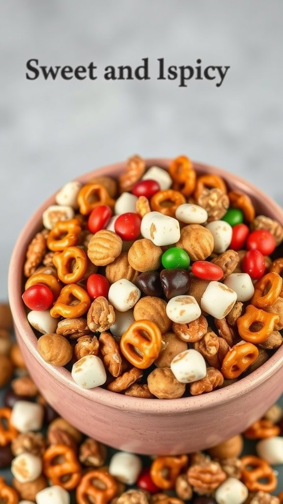 A bowl of Sweet and Spicy Snack Mix with pretzels, nuts, and colorful candies.