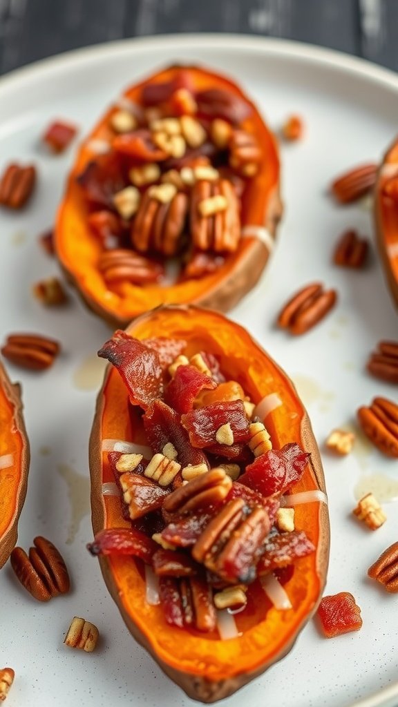 Sweet potato skins filled with maple bacon and pecans