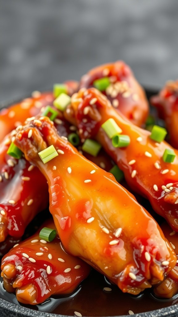 Delicious teriyaki chicken wings glazed with sauce, garnished with green onions and sesame seeds.