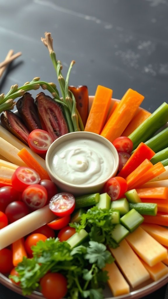 A vibrant vegetable platter featuring various fresh vegetables and a dip in the center.