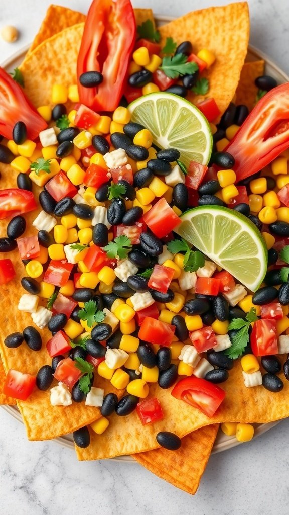 A plate of vegetarian black bean and corn nachos topped with fresh vegetables and garnishes.