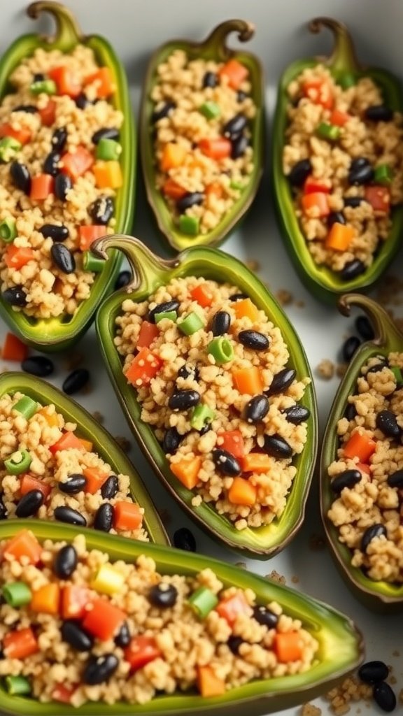 Vegetarian quinoa and black bean stuffed jalapeños arranged in a tray.