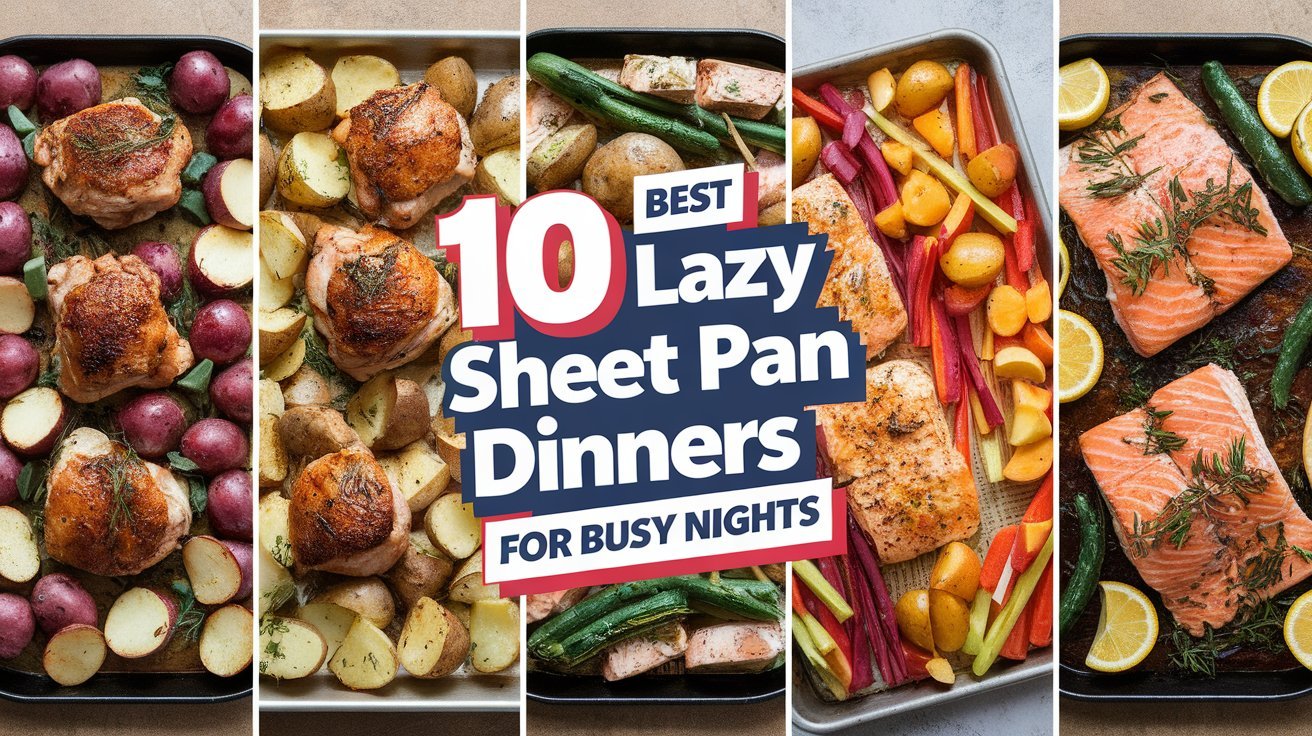 Create a vibrant photo collage showcasing an array of delicious sheet pan dinners, featuring juicy chicken thighs, crispy potatoes, colorful vegetables, and flaky salmon. Use natural, rich, and vibrant colors to highlight the freshness and variety of each meal. Overlay bold, whimsical, and fun Pinterest-style text with the title "10 Best Lazy Sheet Pan Dinners for Busy Nights." Keep the design clean and uncluttered with minimal text