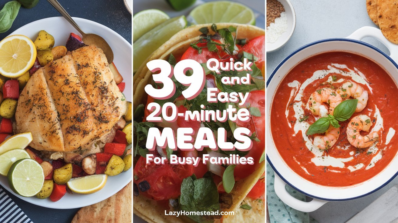 A photo collage of quick and easy 20-minute meals for busy families. There is lemon garlic chicken with a side of roasted vegetables, shrimp tacos with a lime wedge, and creamy tomato basil soup with a sprinkle of fresh basil. The images are overlaid with bold, whimsical, and fun Pinterest-style text displaying the title "39 Quick and Easy 20-Minute Meals for Busy Families" in a clear, eye-catching font. The design is clean and engaging without being too busy. There is a footer that reads "LazyHomestead.com" for a polished finish.