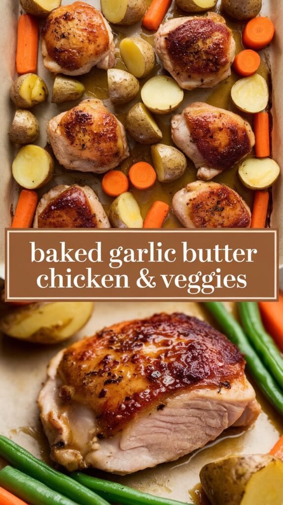 A pinterest-style image of a sheet pan filled with golden, crispy chicken thighs glazed with a buttery garlic sauce, nestled among perfectly roasted baby potatoes, carrots, and green beans. The top half of the image showcases the full meal on a parchment-lined sheet pan, with glistening melted butter pooling around the roasted vegetables. The bottom half features a close-up of a sliced chicken thigh. A warm, neutral-colored text bar overlays the center, with "Baked Garlic Butter Chicken & Veggies" in a clean, but fun sans-serif font, ensuring easy readability for pinterest engagement.